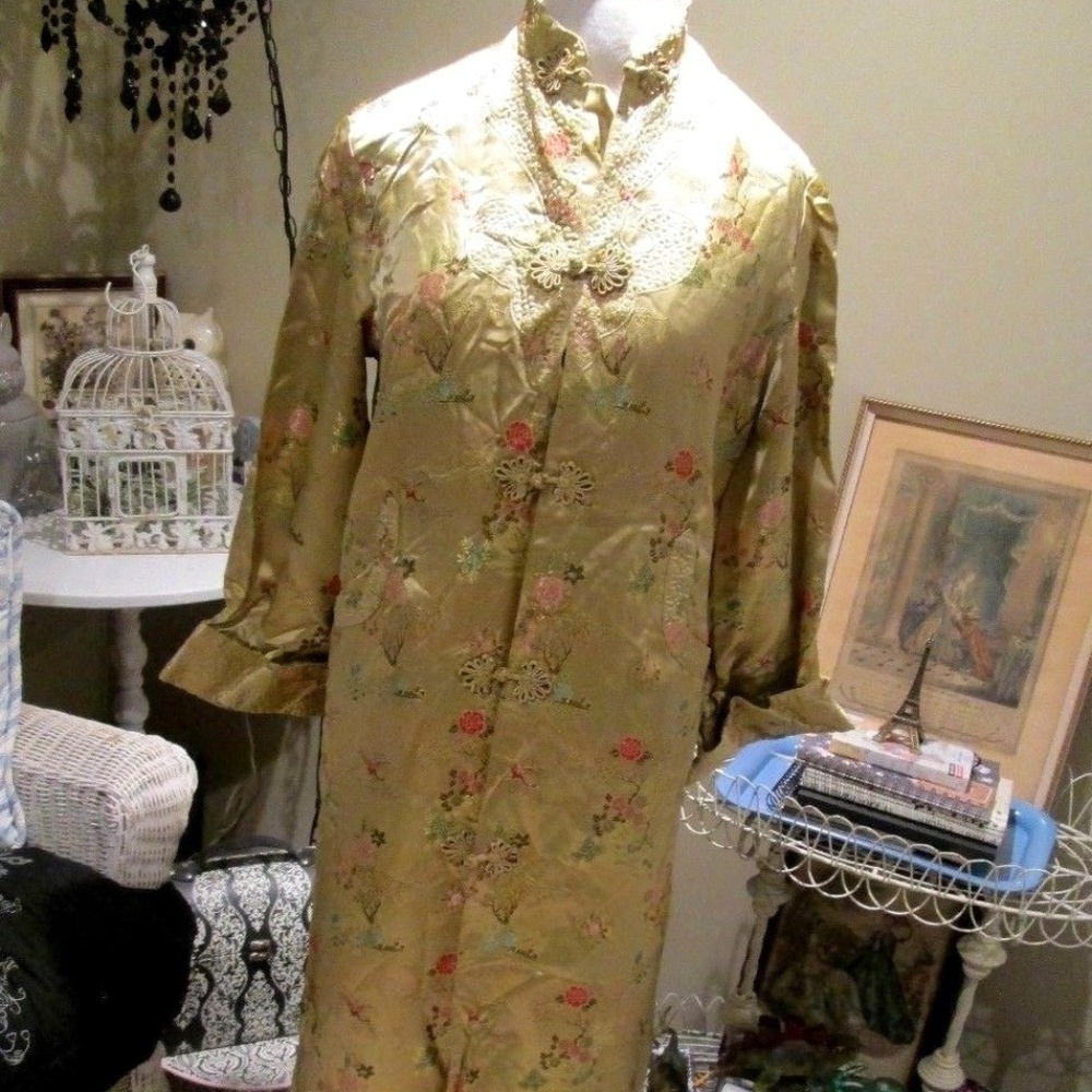 Vintage SOLZ SQUIRREL Chinese Golden Satin Brocade Dress Gown Robe Frog Buttons